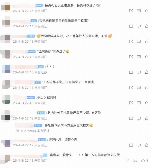 米特里策被队内罚6万欧,许多浙江球迷在公告评论区表示对俱乐部失望